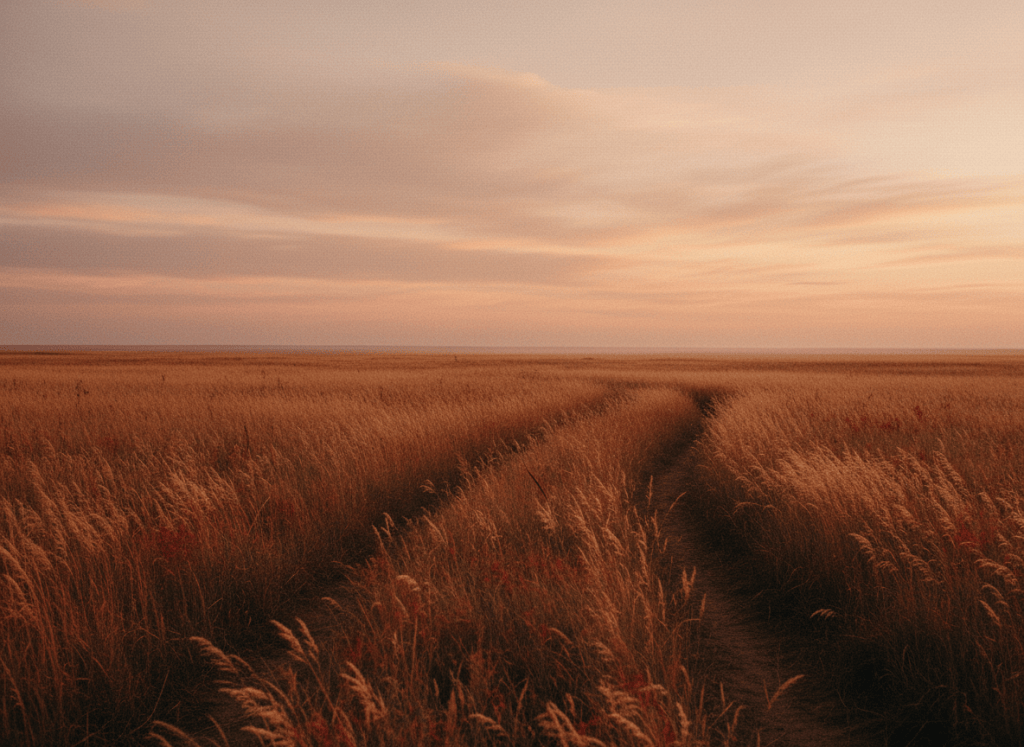 A moody, warm atmospheric image of a prairie field at dusk, tall golden grasses swaying, soft muted dusty rose and amber sky, a lone dirt path fading into the distance. Cinematic, unhurried, nostalgic literary mood, film grain, warm earthy tones.