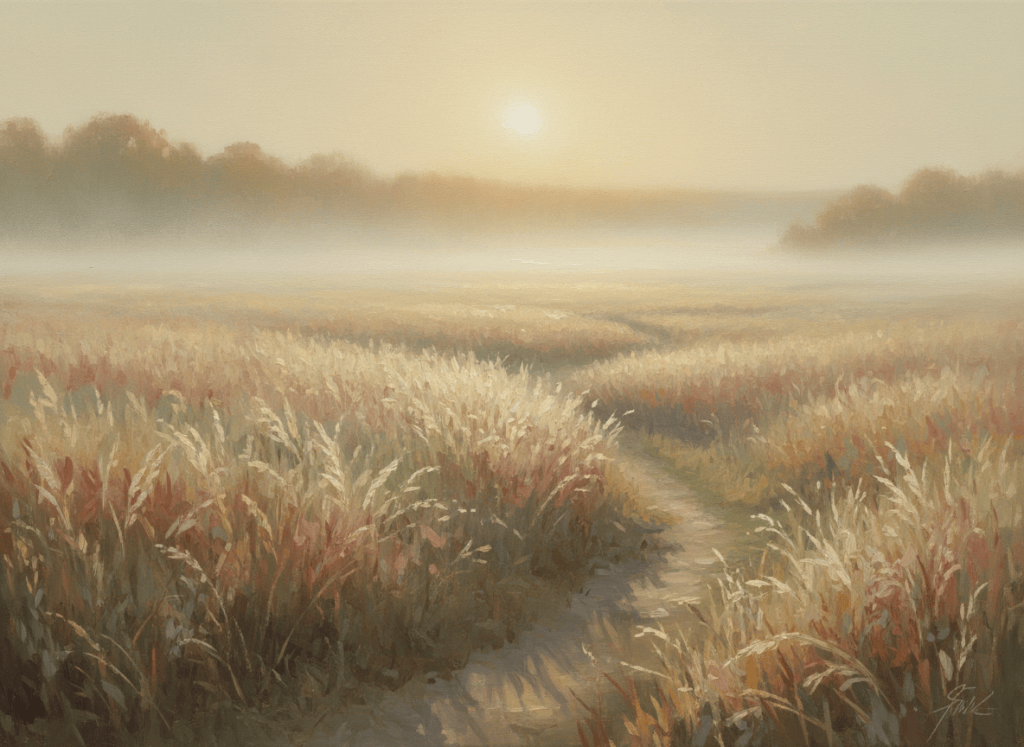 Soft, dreamy prairie landscape at golden morning light, tall wispy grasses swaying in warm cream, sage green, and dusty rose tones, gentle mist, peaceful and literary mood, muted natural palette, painterly and serene