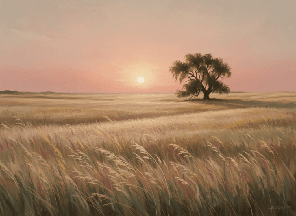A wide, atmospheric Saskatchewan prairie landscape at golden hour. Tall golden grasses swaying gently, a soft dusty rose and amber sky, a lone willow tree silhouetted in the distance, warm muted tones of cream, sage green, and dusty rose. Painterly and impressionistic, soft focus, no people, serene and intimate. Wide landscape orientation.