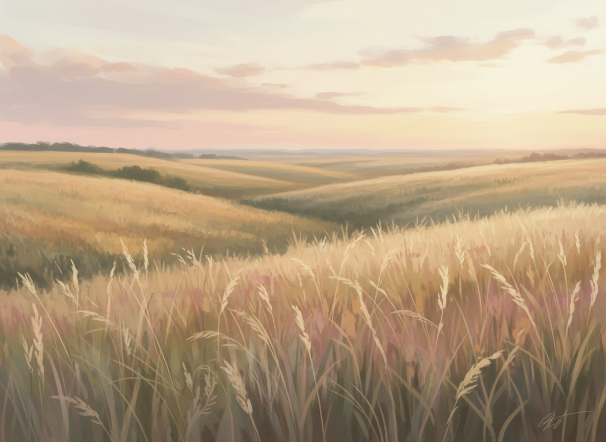 A soft, dreamy Saskatchewan prairie landscape at golden hour.