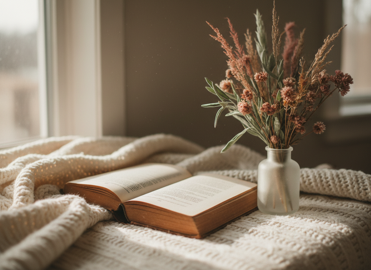An open book resting on a knitted cream blanket beside dried prairie wildflowers.