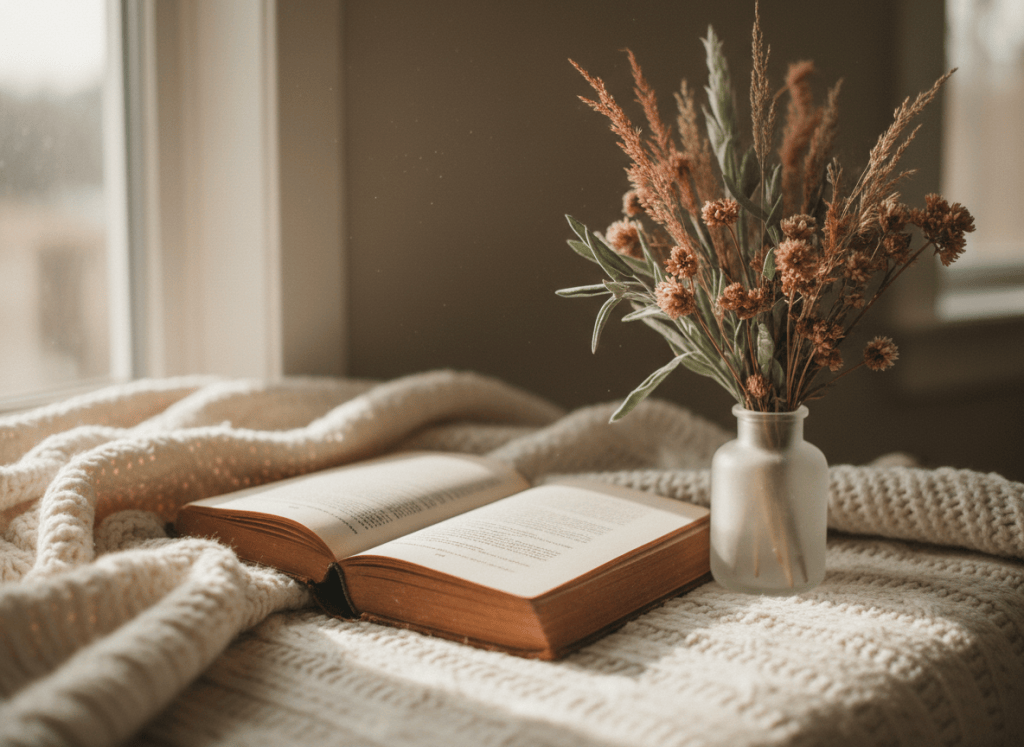 An intimate, cozy still life of an open book resting on a knitted cream blanket beside a small vase of dried prairie wildflowers and grasses. Warm soft natural window light, dusty rose and sage green tones, shallow depth of field, quiet and tender mood. No people, no text.