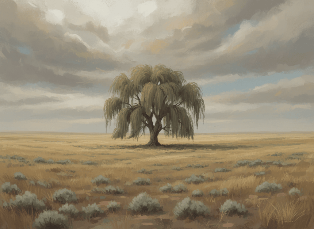 A lone willow tree on the wide open prairie under a vast dusty sky, golden grass, muted sage and weathered brown tones, soft overcast light, quiet resilience, painterly and atmospheric