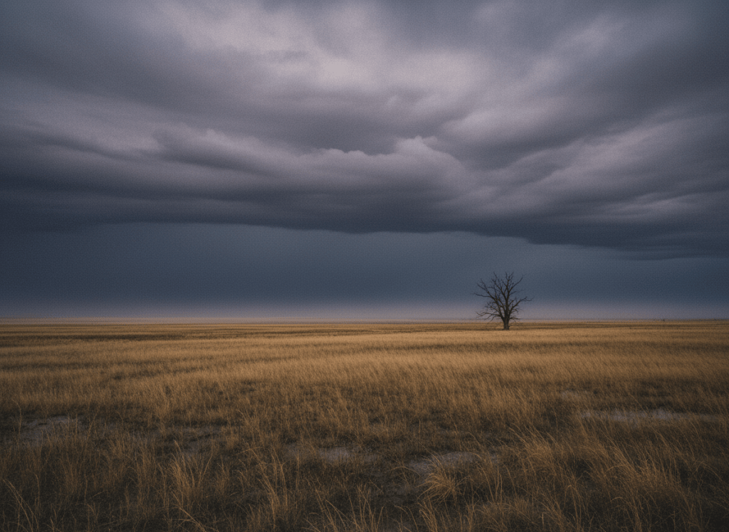 A moody, overcast prairie landscape. Dark storm clouds rolling in over flat golden fields, a single bare tree in the distance. Quiet, heavy, melancholic atmosphere. Muted tones of grey, amber and brown.