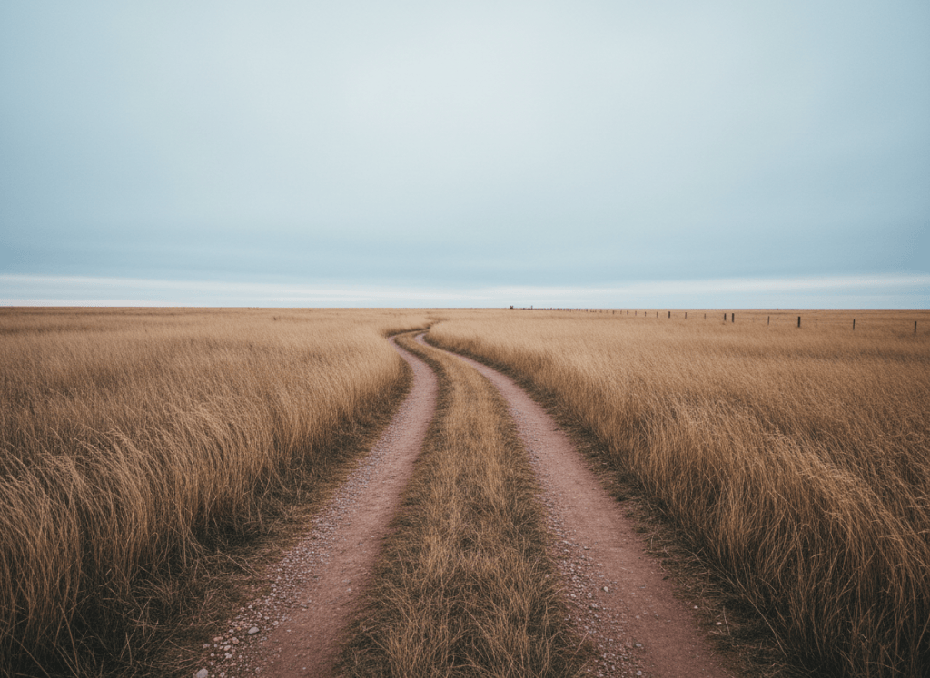 A winding dirt path through tall prairie grass, soft overcast light, gentle and melancholy, wide open sky, cinematic and still