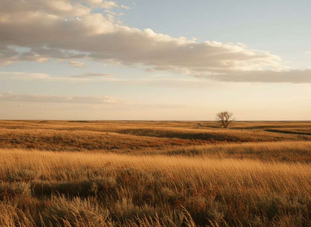 A wide prairie afternoon, soft white clouds, golden light on tall grass, peaceful and vast, cinematic landscape, warm tones