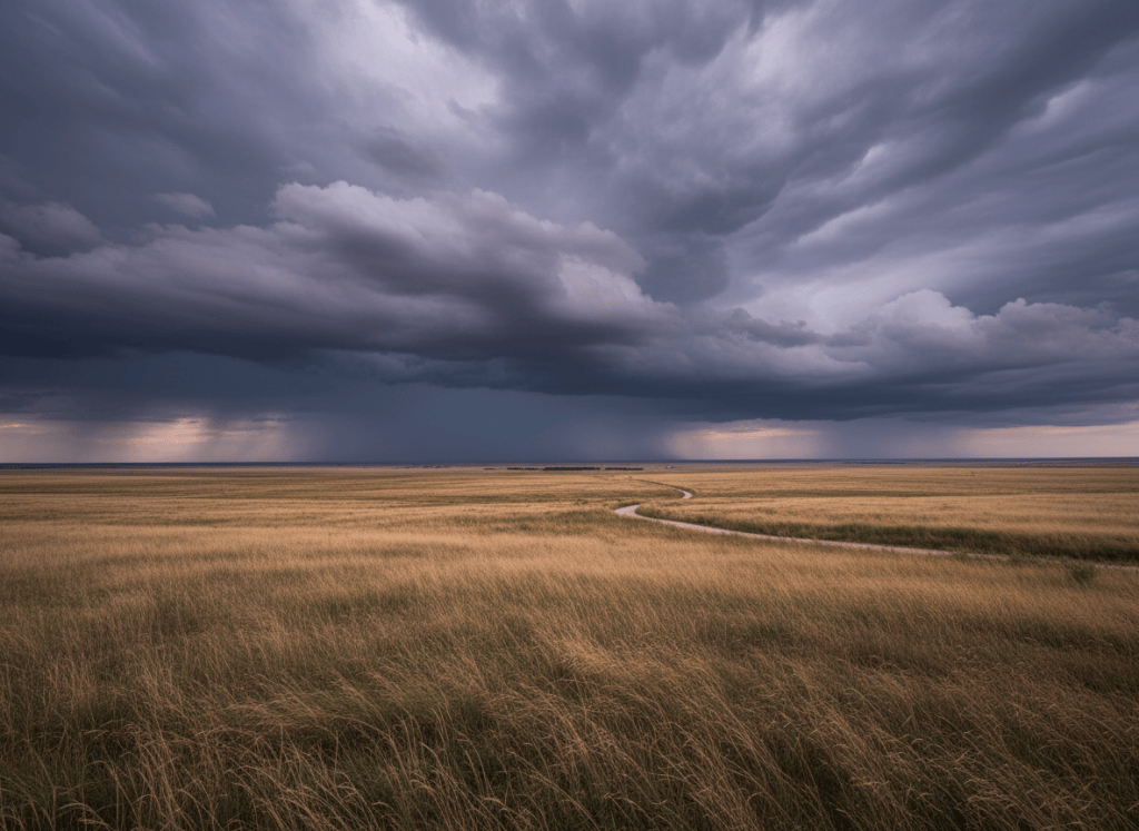 Wide open prairie under a dramatic stormy sky, dark clouds rolling in over golden grass fields, moody and emotional, soft grey light, cinematic, horizontal landscape
