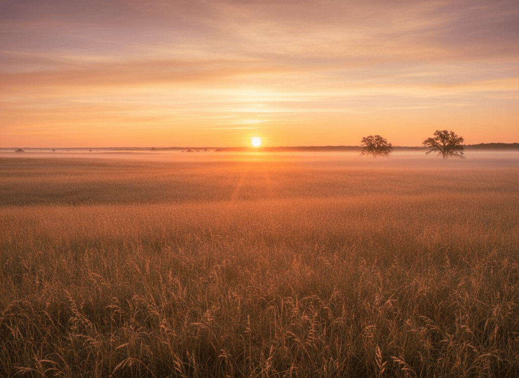 Golden sunrise over a vast prairie, warm amber and pink light stretching across open fields, hopeful and quiet, soft morning mist, cinematic landscape