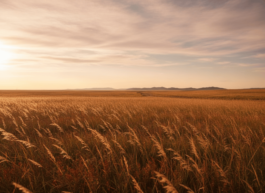 Soft afternoon prairie light, gentle golden grass swaying, peaceful and warm, a quiet ordinary moment captured in wide open space, cinematic landscape