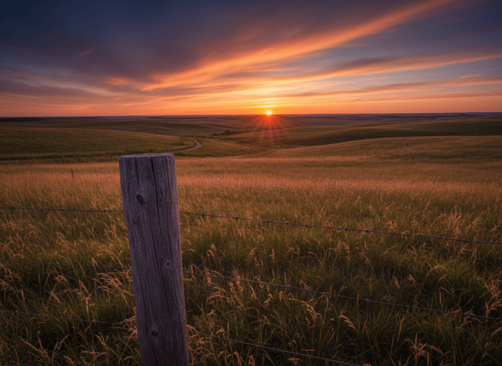 Prairie at dusk, an old wooden fence post in the foreground, long shadows stretching across golden fields, warm and nostalgic, cinematic landscape