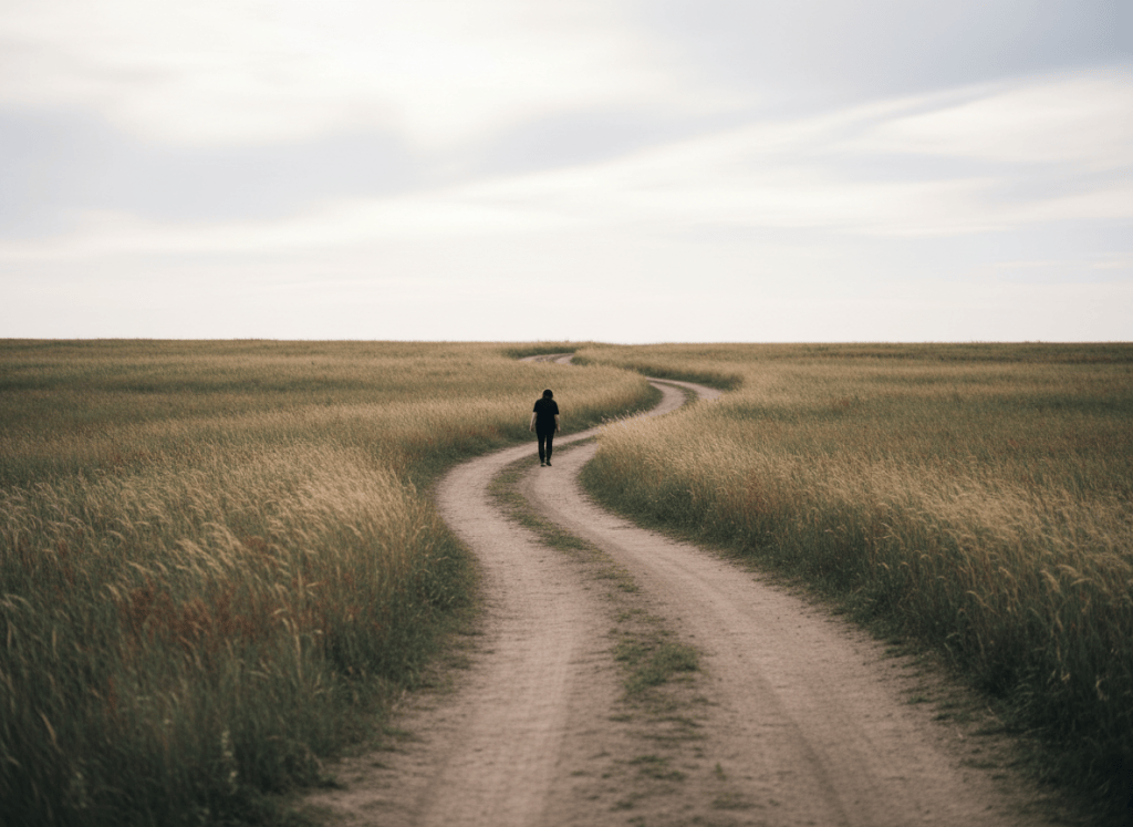 A winding dirt path through tall prairie grass, soft overcast sky, quiet and introspective, gentle light, a sense of walking forward through grief, cinematic landscape