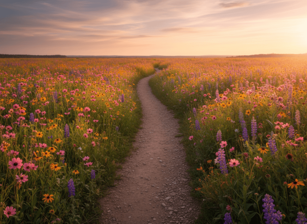 A winding dirt path through a prairie wildflower meadow, golden hour light, soft warm tones, wide landscape, lush wildflowers in pink, yellow, and purple on both sides of the path, open sky, serene and poetic atmosphere