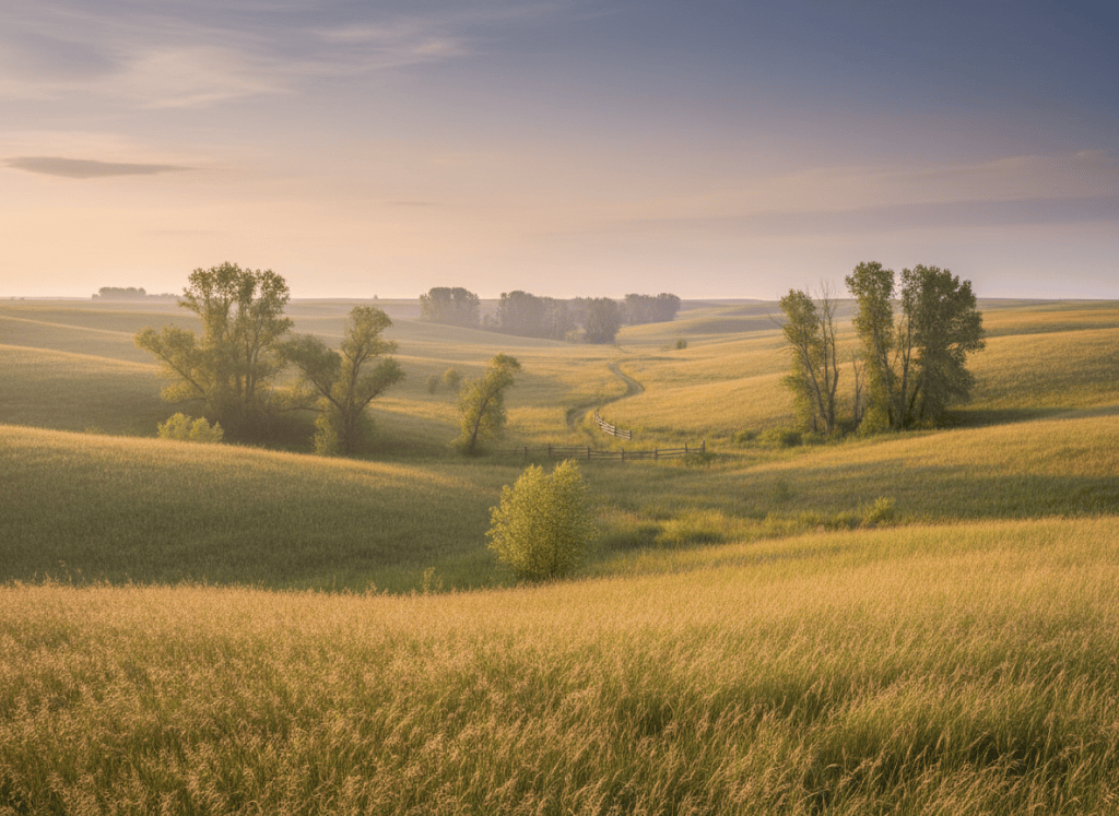 A clean, atmospheric editorial photograph for the Willow and Words author website hero: a quiet rural Saskatchewan prairie landscape with soft golden grasses, subtle willow trees, gentle natural light, and a calm literary mood. Absolutely no words, letters, typography, captions, book titles, signs, or text anywhere in the image.
