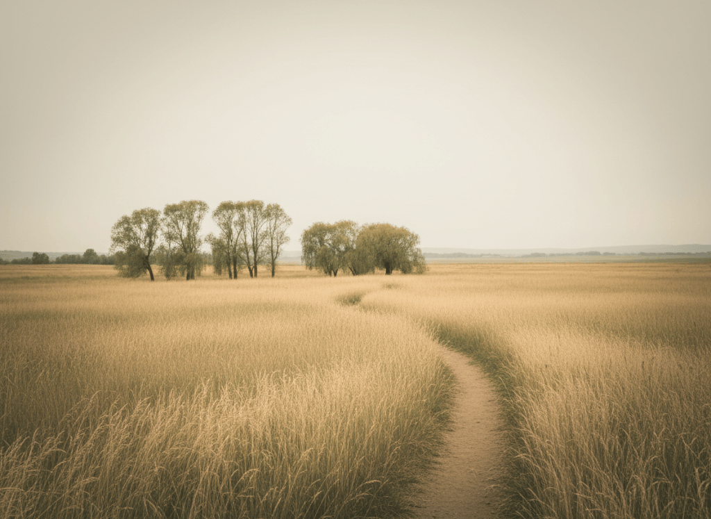 A clean, text-free editorial photograph for a literary author website hero: a winding dirt path through wide golden prairie grass under a soft overcast sky, subtle willow trees and distant horizon, warm muted taupe and sage palette, atmospheric and elegant, no words, no letters, no typography, no book cover, no signs, no watermark.